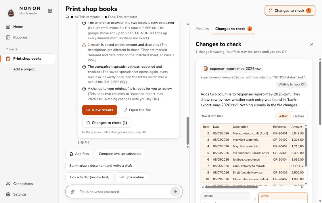The Changes to check panel: one change is waiting for your OK, with a before and after view.