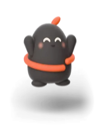 Non, jumping with both arms up and its eyes closed in a smile.
