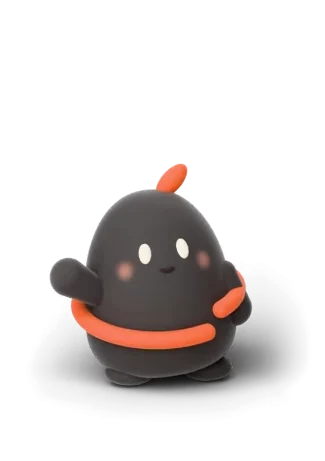 Non, a small round black character with an orange ring around its middle, waving hello.