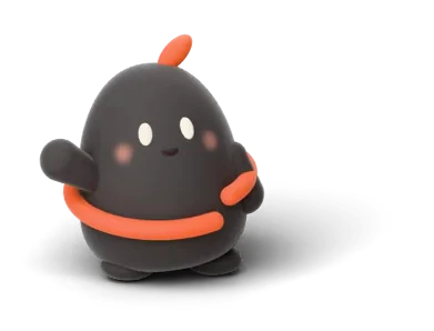 Non, a small round black character with an orange ring around its middle, waving hello.